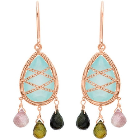 - 5th & Main Rose Gold over Sterling Silver Hand-Wrapped Teardrop Chandelier Chalcedony and Multicolor Earrings