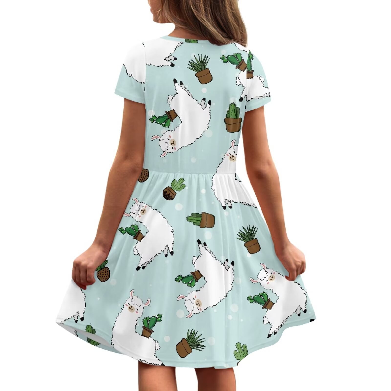 Uourmeti Alpaca Short Sleeve Swing Dress Girls Cute Crew Neck Midi Dresses Cactu Casual Beach Dress with Pockets Fashion Wedding Party Dresses