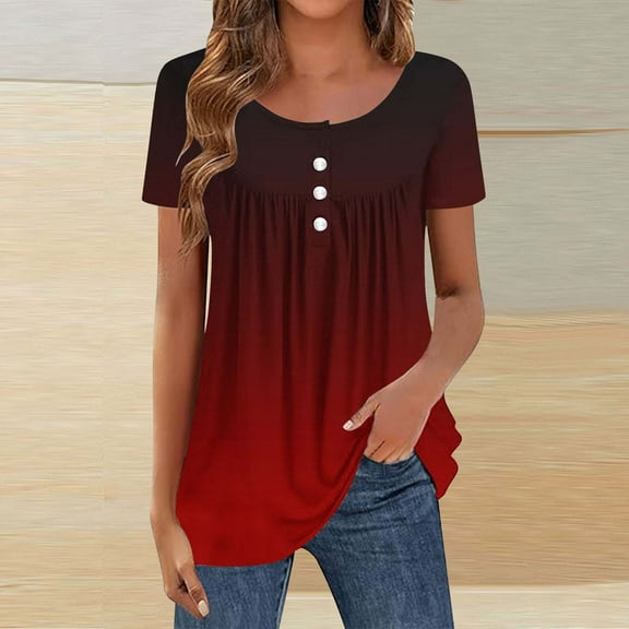 BSDJILFG Summer Tunic Tops for Women Casual Gradient Color Pleated Button Up Crew Neck Pullover Swing Work Blouse