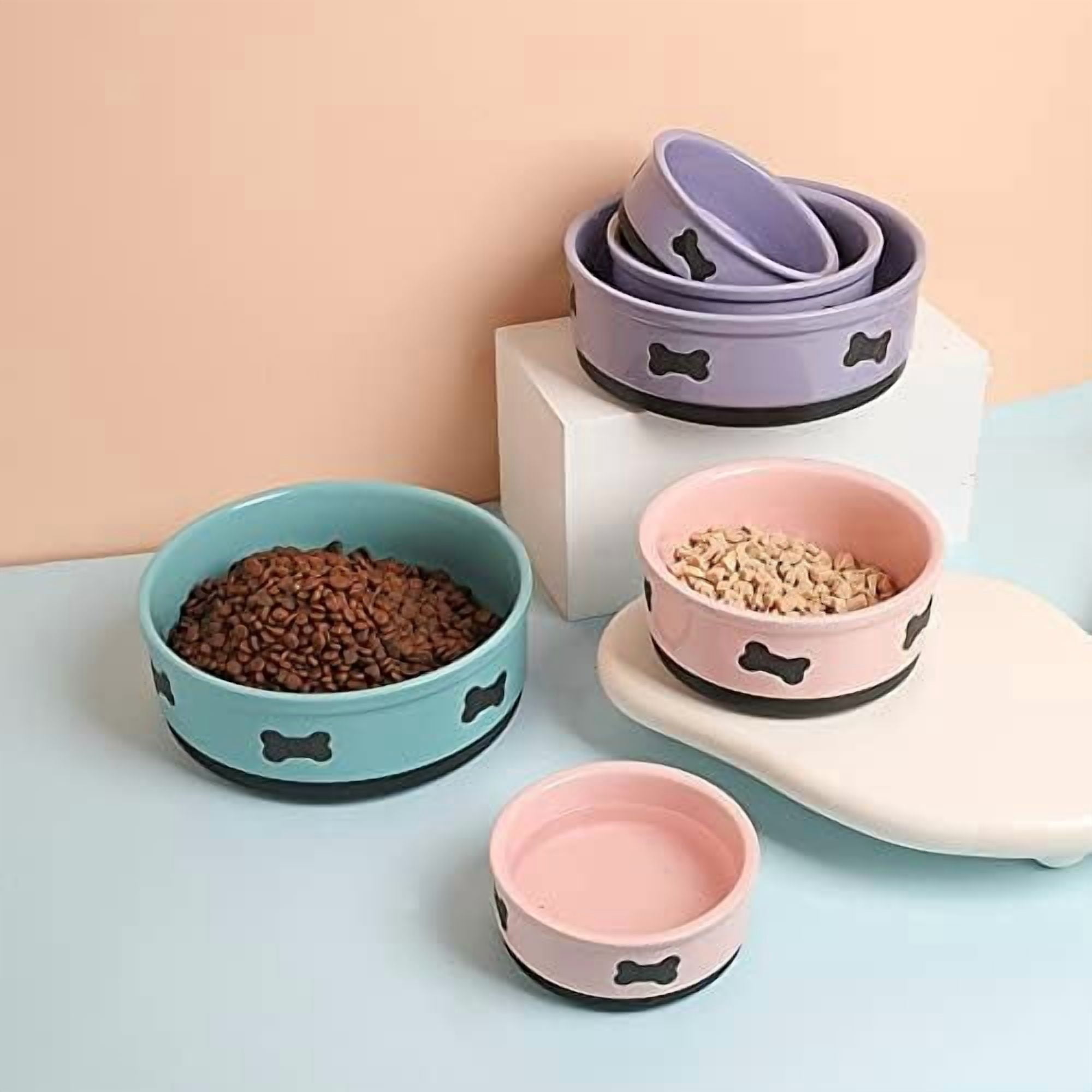 Ceramic Dog Bowls with Bone Pattern, Dog Food Dish for Large Dogs, Porcelain Pet Bowl for Water 70 Fl Oz (Turquoise)