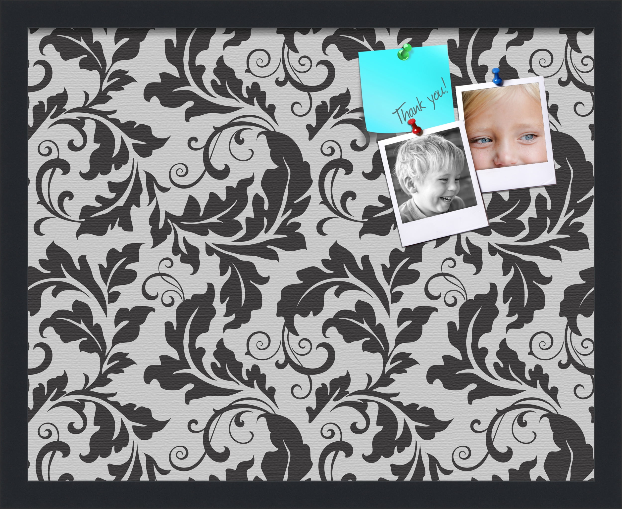 PinPix ArtToFrames 14x18 Custom Cork Bulletin Board Floral Black Leaf   Poster Board Has a Fabric Style Canvas Finish, Framed in Satin Black (PinPix-180)
