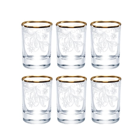 STP GOODS Acacia Shot Glasses Set of 6 pcs 1.7 fl oz (50 ml) Clear Floral Liqueur Glass with Golden Rim for Whiskey Vodka Tequila Barware Bohemian Style