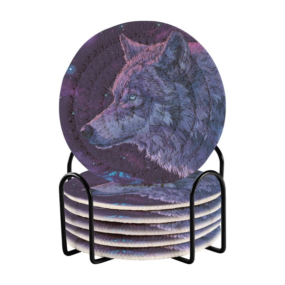Wolf Starry Sky 6 Pcs Drink Coasters with Holder Absorbent Coasters Woven Coasters for Drinks Table Desk Protection Home Decor