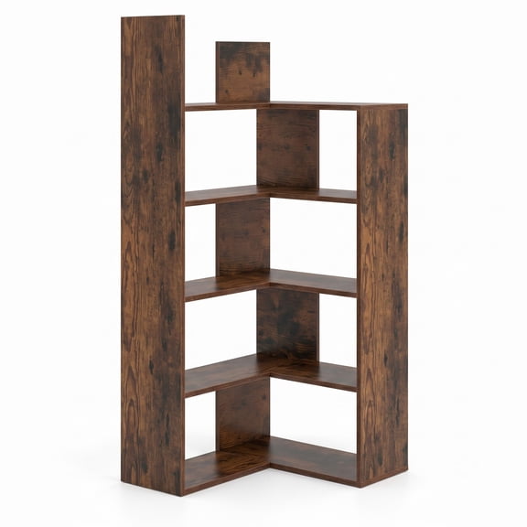 Furnibear 5-Tier Corner Shelf Floating Bookshelf, Wall Mounted Storage Organizer Display Rack for Books Plants Photos, Space-Saving Engineered Wood, Rustic Brown