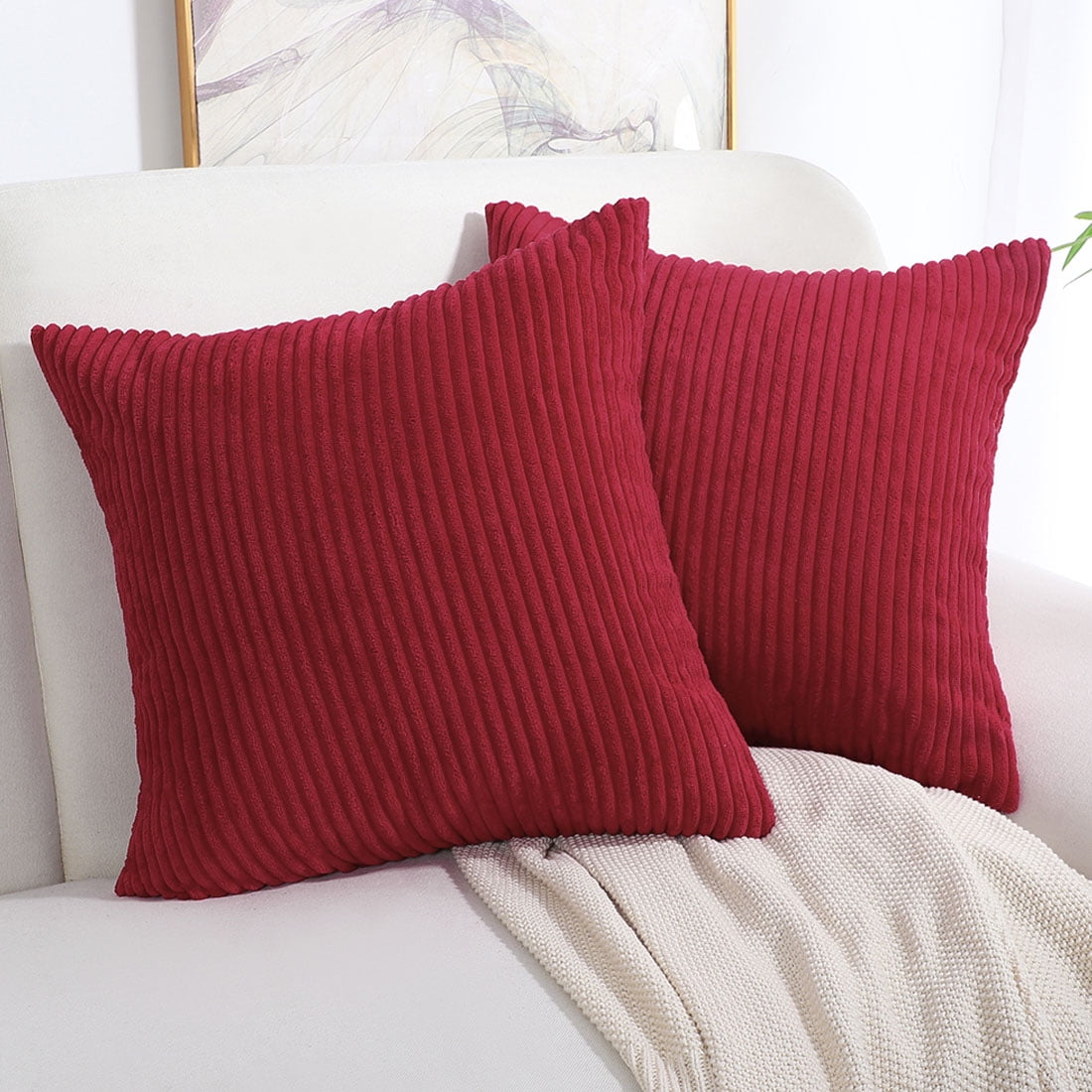PiccoCasa 2Pcs Soft Corduroy Throw Pillow Covers, 18 x 18 Inch, Striped