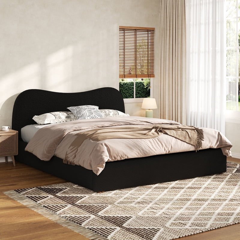 King Size Boucle Upholstered Platform Bed with Wooden Slats, Short Legs Low-Profile Bed Frame with Curved Headboard