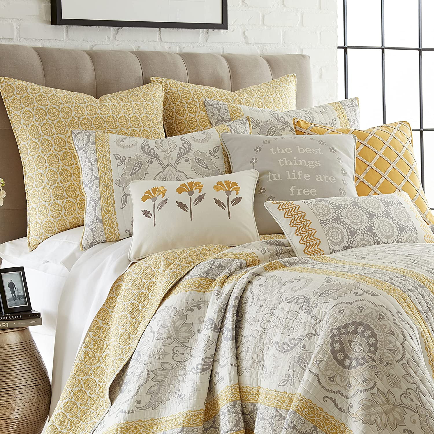 Levtex Home - St. Claire Quilt Set - King Quilt (106x92in.) + Two King Pillow Shams (36x20in. ) - Suzani and Paisleys - Grey and Yellow - Reversible