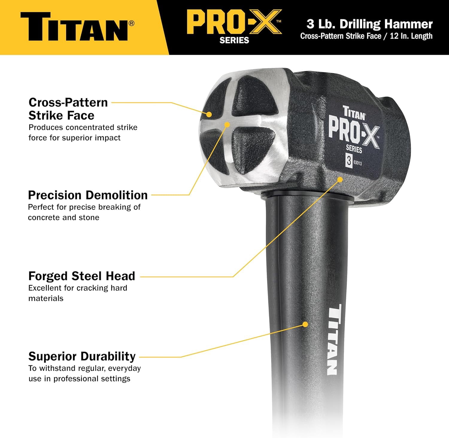 RGHJAR-Pro-X 63013 3lb Drilling Hammer, Dual-Face Sledge with Cross-Pattern Face for Concentrated Power & Flat Face for Stake Driving, Overstrike Protection, 12" Fiberglass Handle with Textured Grip