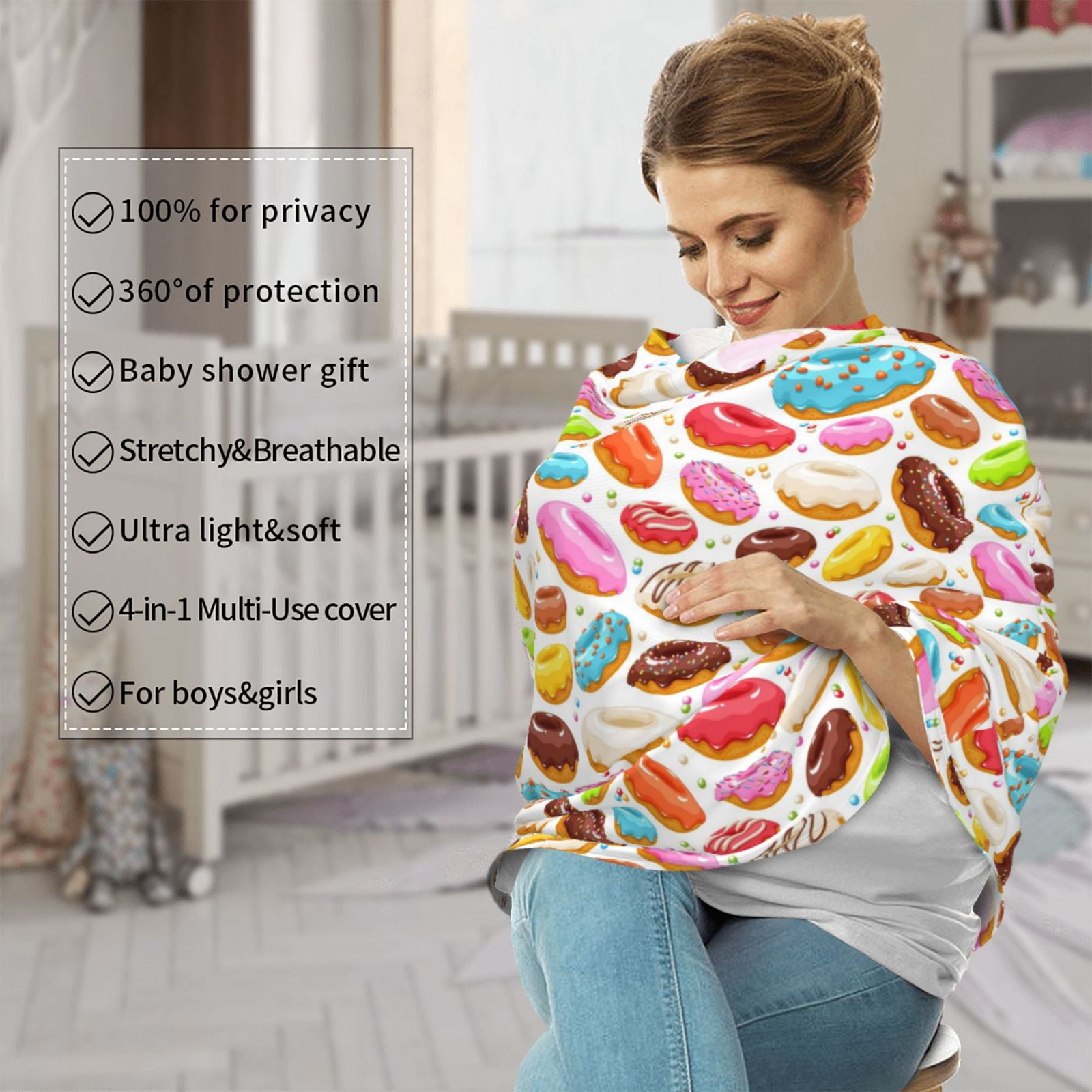 Fotbe Color Donut Pattern Car Seat Covers for Babies, Nursing Breastfeeding Cover Infant Carseat Canopy, Soft Stretchy Carrier Cover