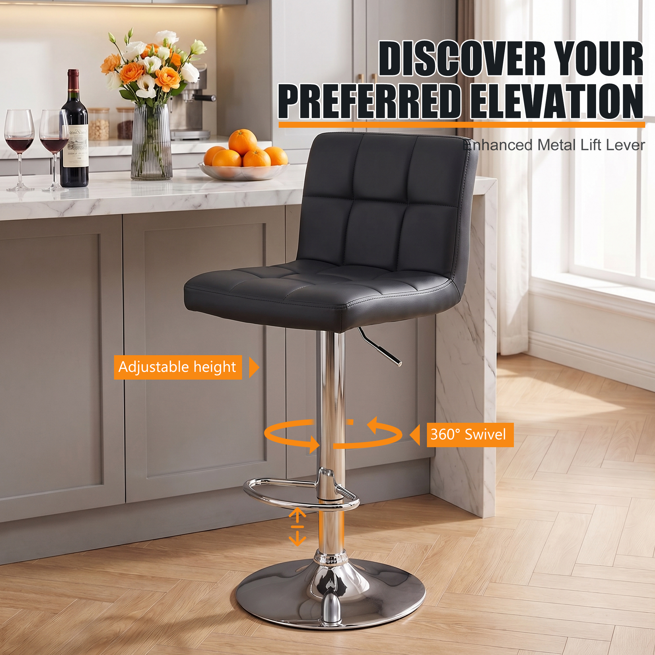 Concetta Set of 2 Adjustable Swivel Bar Stools, Black photo 4