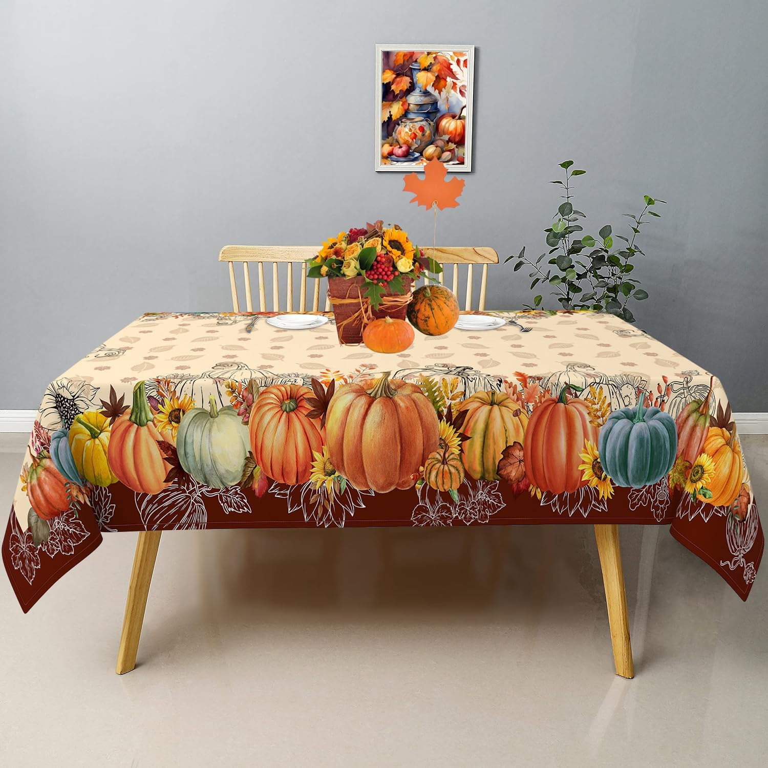Nappe Ronde Thème Automne Gnome Citrouille - 180x180 Cm, Imperméable Antitache | Pour Thanksgiving, Décoration Salon Cuisine