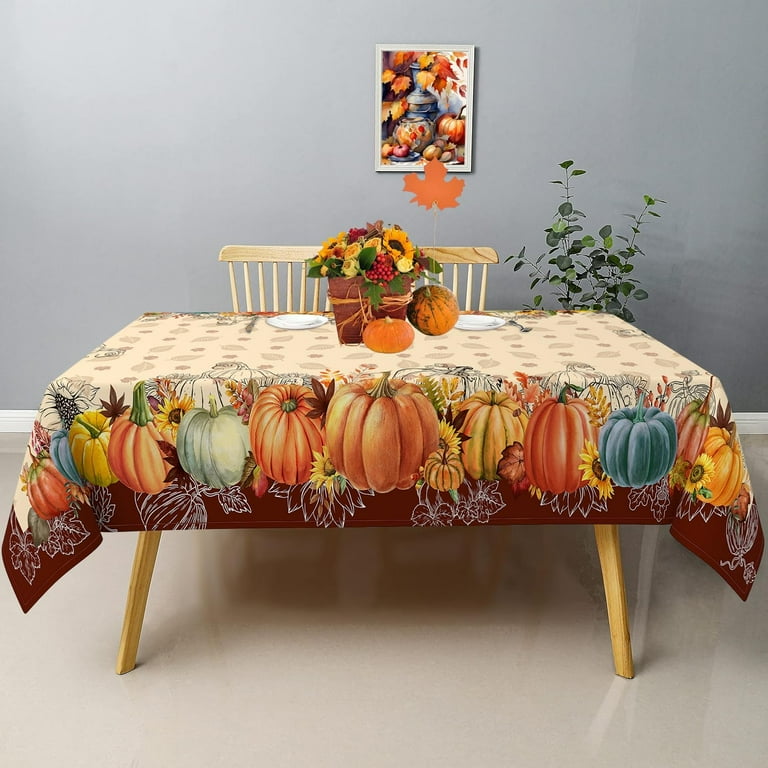 Fall Thanksgiving Tablecloth 60x120 Inch - Rectangle Spill-Proof Pumpkin Turkey Print, Polyester, For Autumn Decor