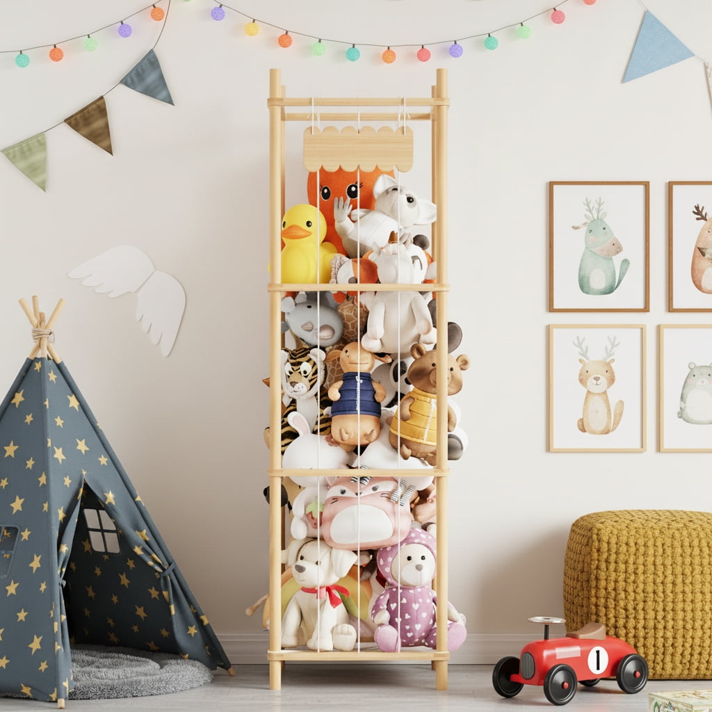 SpaceAid Wood Stuffed Animal Storage Organizer, 15.8" Wide, Natural