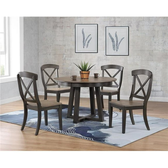 45 x 45 x 63 in. Antiqued Grey Stone Black Stone Transitional X-Back 5-Piece Cross Pedestal Dining Set