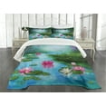thumbnail image 3 of Ambesonne Nature Quilted Bedspread Set 3 Pcs, Fantasy Pond Water Lily, Queen Size, Aqua Pink Green, 3 of 5