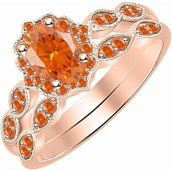 14K Rose Gold-Plated 925 Sterling Silver Oval Shape Orange Sapphire Vintage Style Wedding Engagement Bridal Ring Set For Womens