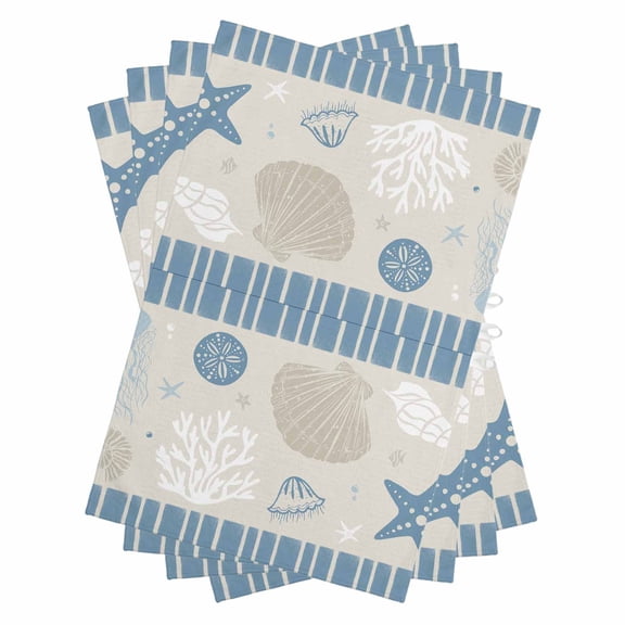 Light Blue Coastal Kitchen Towels Set of 4, Water Absorbent Dish Towel, Vintage Ocean Nautical Starfish Coral Striped Decorative Hand Towels - Quick Drying Cloth for Cooking Baking, 18x28 Inch