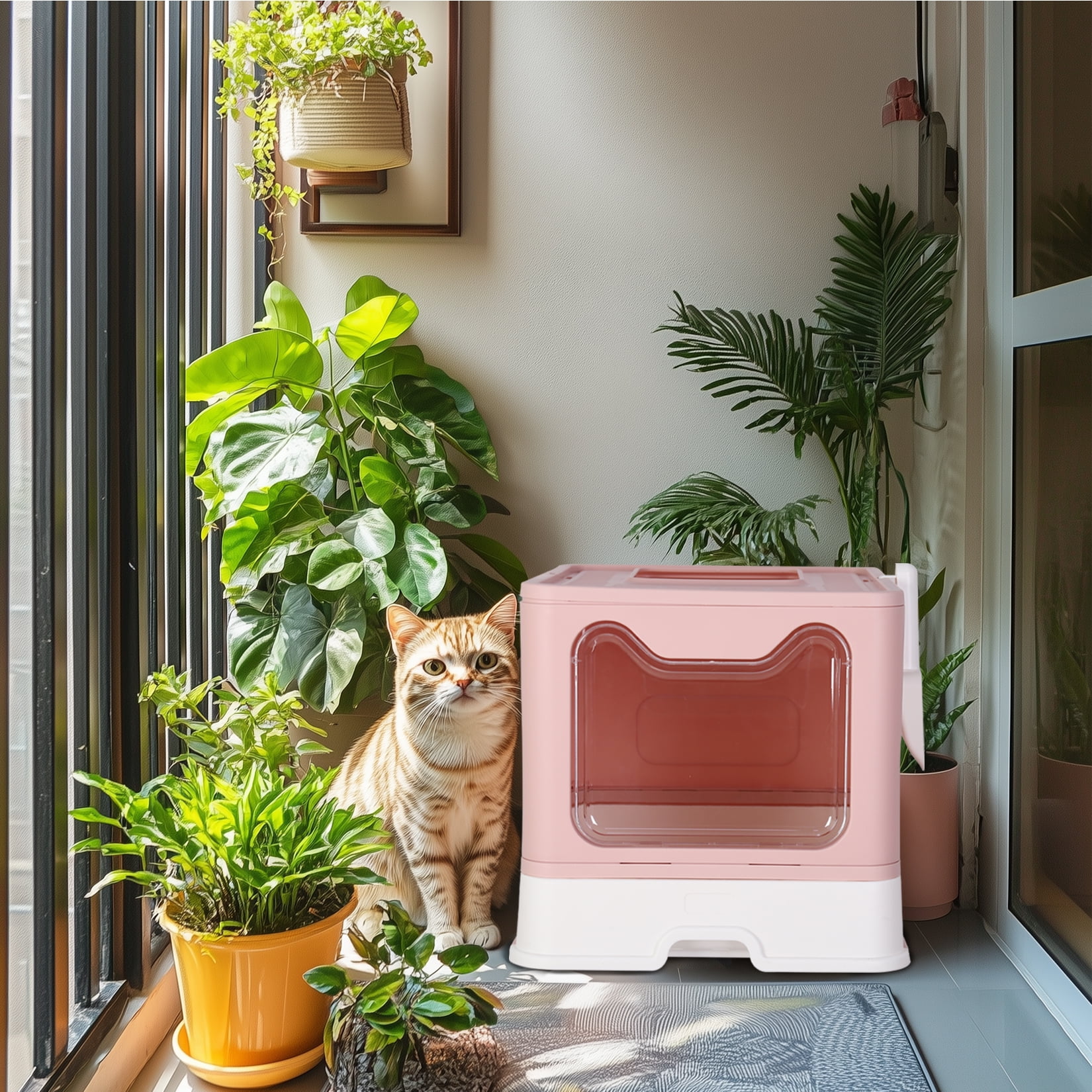 BingoPaw Cat Litter Box Pet Litter Boxes Toilet with Scoop Drawer Portable Foldable Pink