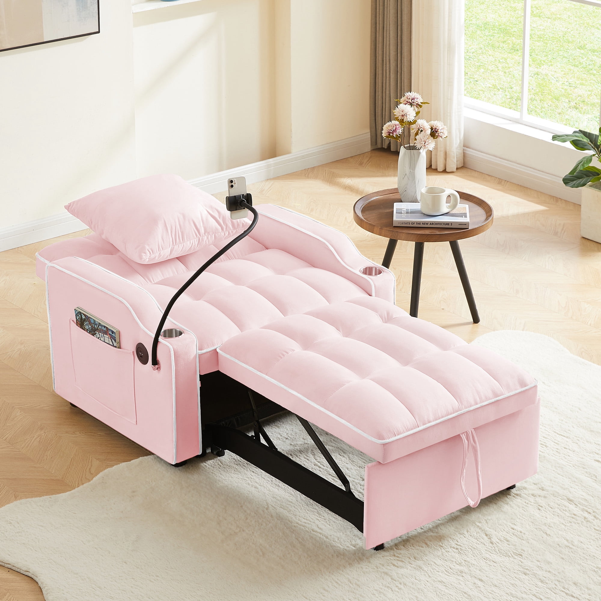 Aukfa Sleeper Chair Bed, Convertible Pull Out Sofa Bed with USB Port, Cup Holders and Swivel Phone Holder, Pink