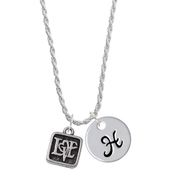 Delight Jewelry Silvertone Antiqued Square Seal - Love with Heart Silvertone Script Initial Disc - H - Charm Necklace, 20"+3"