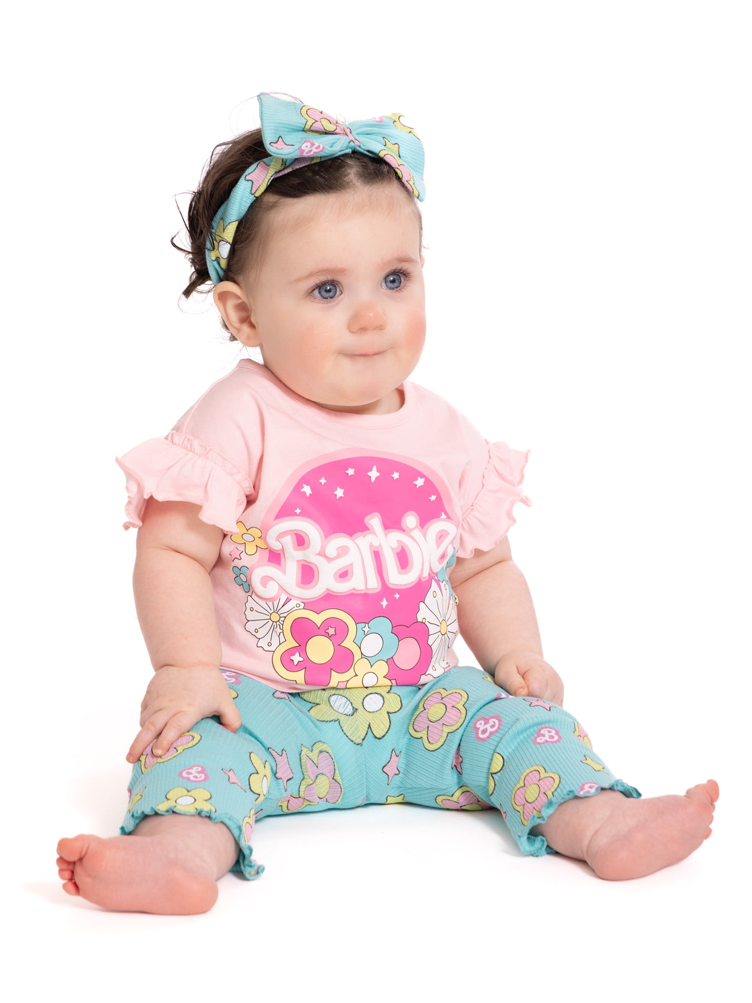 Barbie Baby Girls Ruffle Top and Flare Leggings with Bow Headband Set, 3-Piece, Sizes 0/3M-24M
