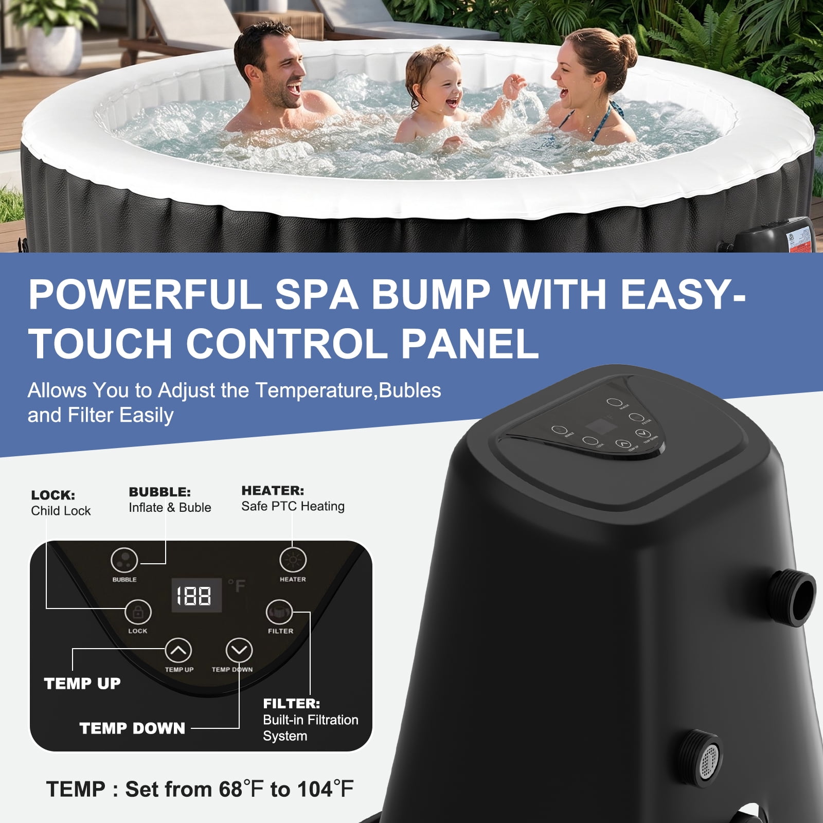 FICISOG Energy Efficient Inflatable Hot Tub Set, 4 Person 71" Outdoor Round Hot Tub SPA Pool with Bubble Jets, Filters, Heater Pump, Insulated Tub Cover and EVA Mat, Portable Outdoor Family Pool