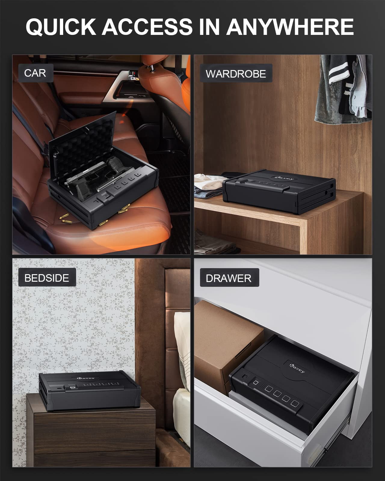 Kavey Biometric Gun Safe for Pistols, Quick-Access Fingerprint Handgun Safe for 2 Pistols with Backlit Keypad, Mute Mode, Auto-Open Pistol Safe for Home Nightstand Bedside Car