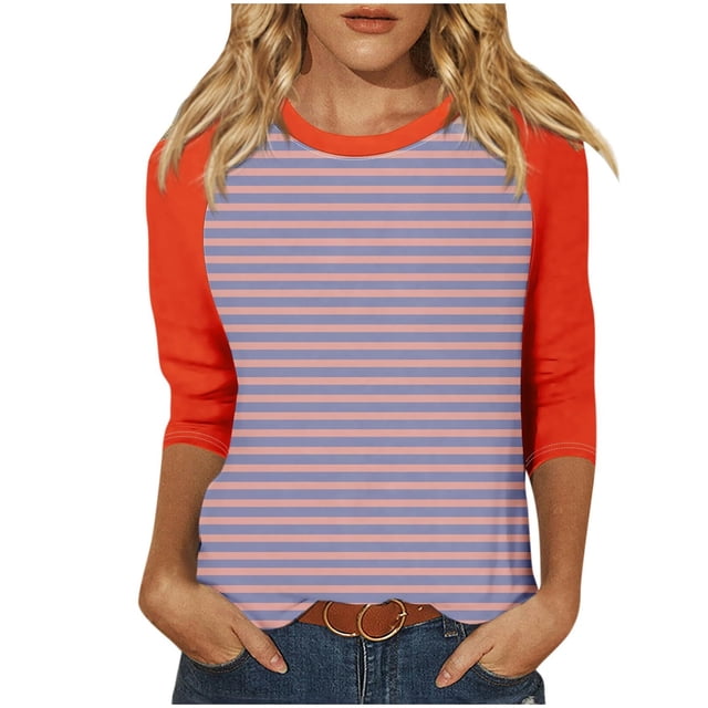 WEAIXIMIUNG T-Shirt Décontracté à Rayures Manches 3/4 pour Femmes, Col Rond, Confortable, pour Usage Quotidien