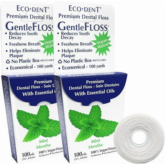 Eco-Dent GentleFloss Dental Floss, Waxed, Mint - Floss with Vegan Plant-Based Wax, Recyclable Cardboard Packaging, 100 Yds Ea (Pack of 2)