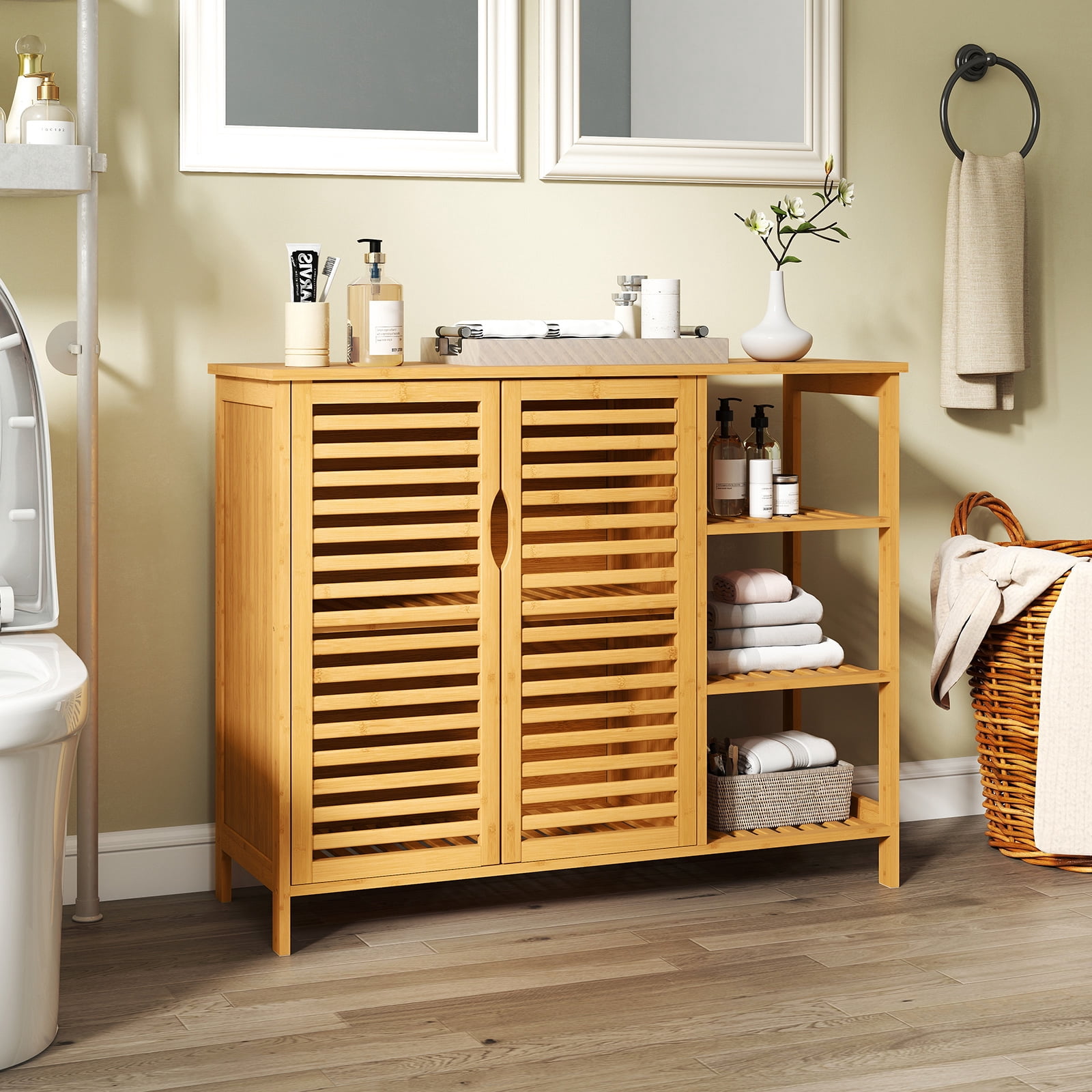 Giantex Bamboo Bathroom Cabinet, Freestanding Storage Unit w/3-tier shelf, 2-Door Storage Organizer Slatted Floor Cupboard