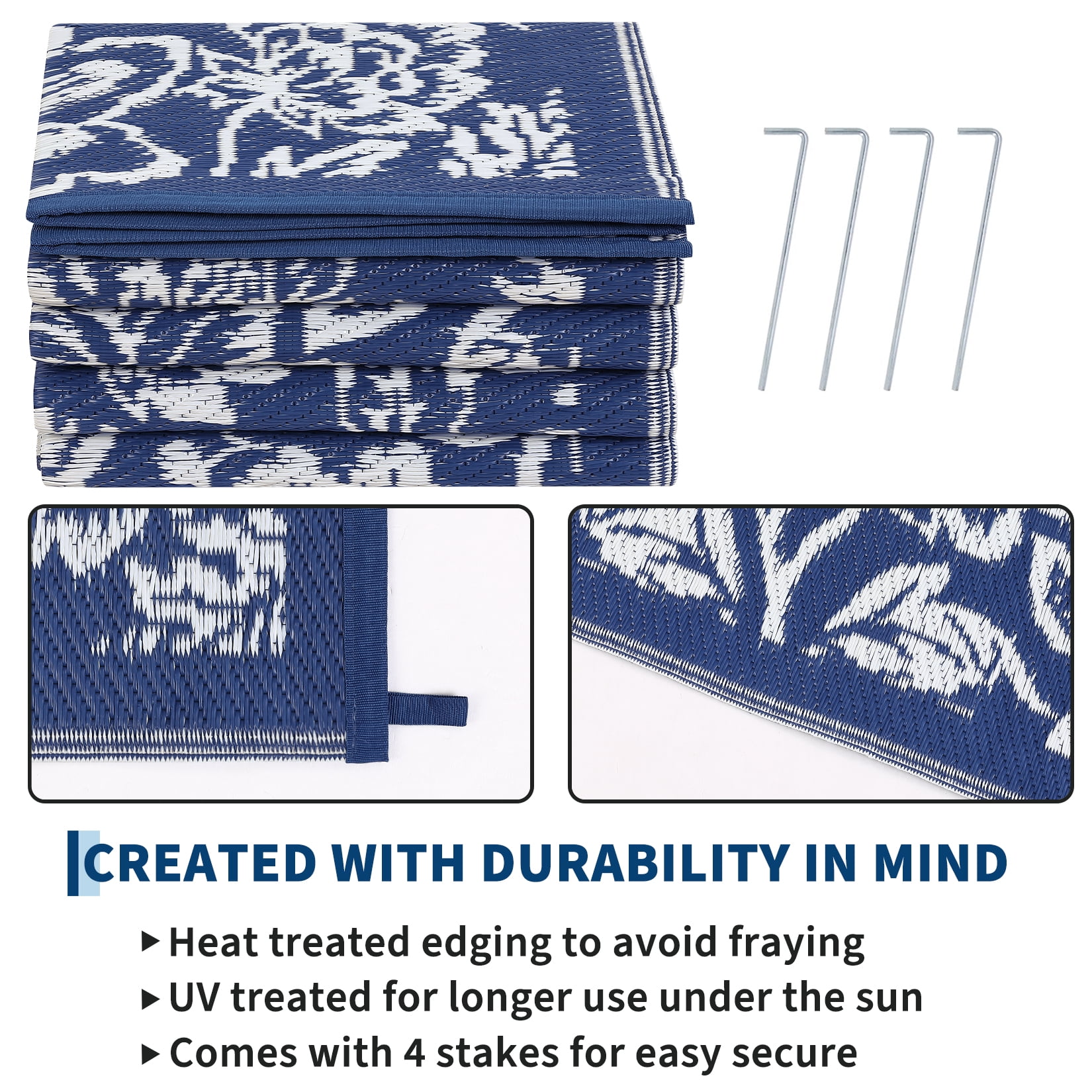Nanan 9x12 Ft Outdoor Patio Rug, Plastic Straw Rug, Modern Waterproof Reversible Outdoor Rugs for Camping Picnic Backyard Balcony, Dark Blue