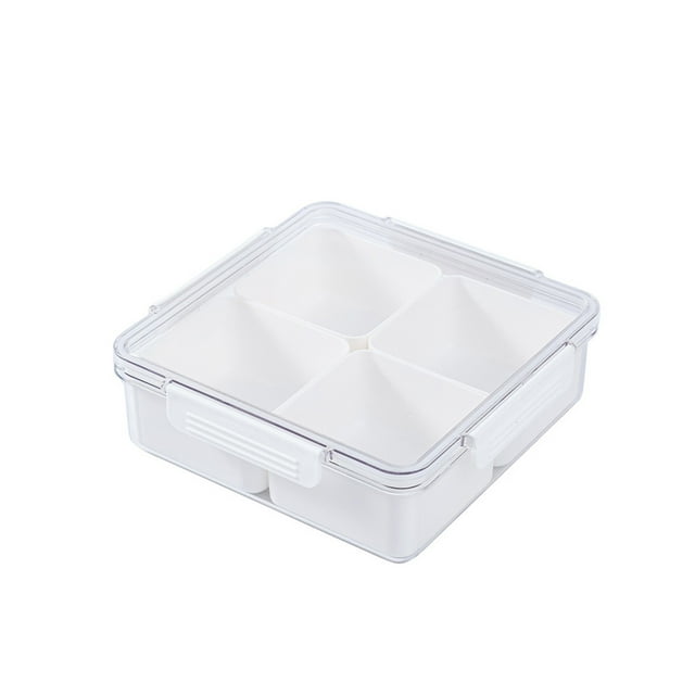 Plateau de Service en Plastique avec Couvercles 20 cm x 20 cm x 6,5 cm Contenant de Rangement Alimentaire Rond à Quatre Compartiments pour Collations Fruits Légumes et hors-D'œuvre