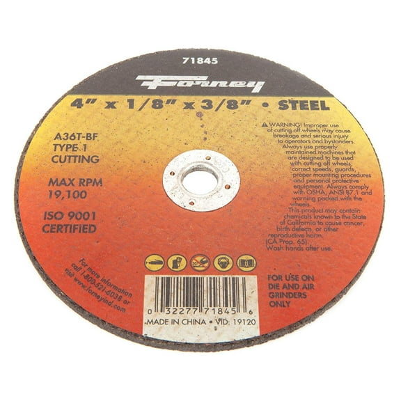 Forney 71845 Cut-Off Wheel with 3/8-Inch Arbor, Metal Type 1, A36T-BF, 4-Inch-by-1/8-Inch