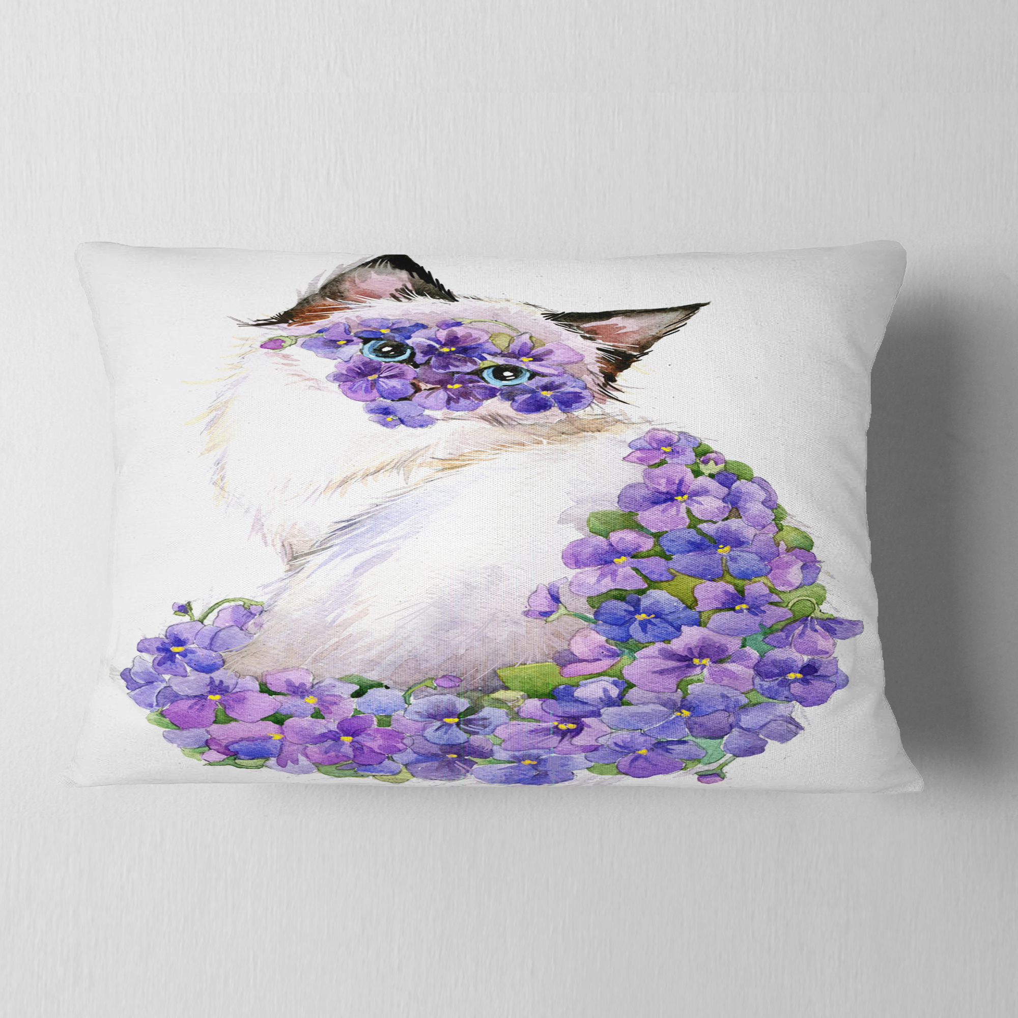 Designart Cute Cat with Blue Flowers - Animal Throw Pillow - 12x20