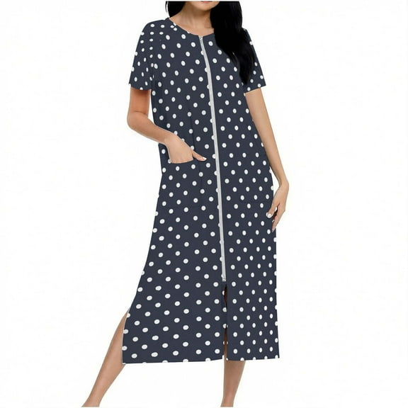 2025 Zipper Robes for Women Long Knit Polka Dot Bathrobes Lightweight Full Length Housecoat Nightgown with Pockets