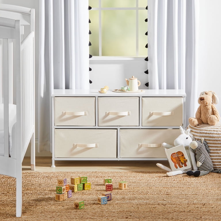 mDesign Wide Storage Dresser Furniture, 5 Removable Fabric Drawers, Cream/White