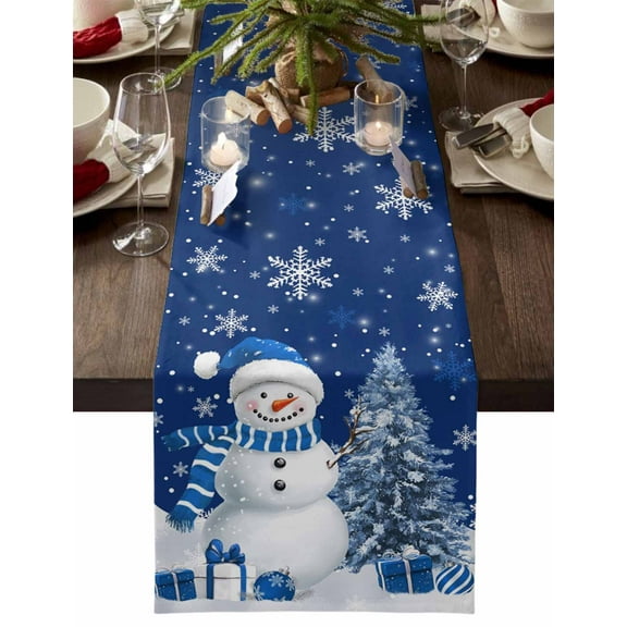 Christmas Table Runner Blue Hat Scarf Snowman Table Runners Xmas Tree Snowflake Cotton Linen Dresser Scarf Kitchen Dining Table Decor for Christmas Holiday Party Decor 13x90 Inch