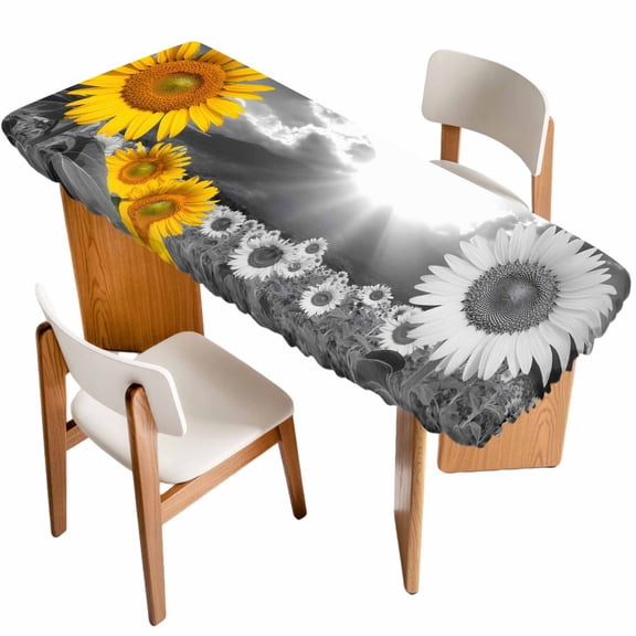 Sunflowers Table Cloths for 8 Foot Rectangle Tables, Grey Farmhouse Botanical Floral Flowers Patio Waterproof Elastic Fitted Tablecloths, Washable Rectangular Table Cover for Camping