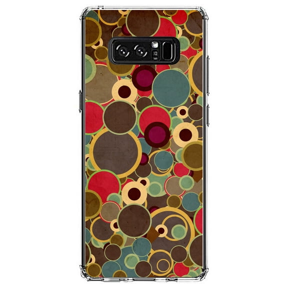 DistinctInk Clear Shockproof Hybrid Case for Samsung Galaxy Note 8 - TPU Bumper, Acrylic Back, Tempered Glass Screen Protector - Brown Red Yellow Circles - Relive the 80's