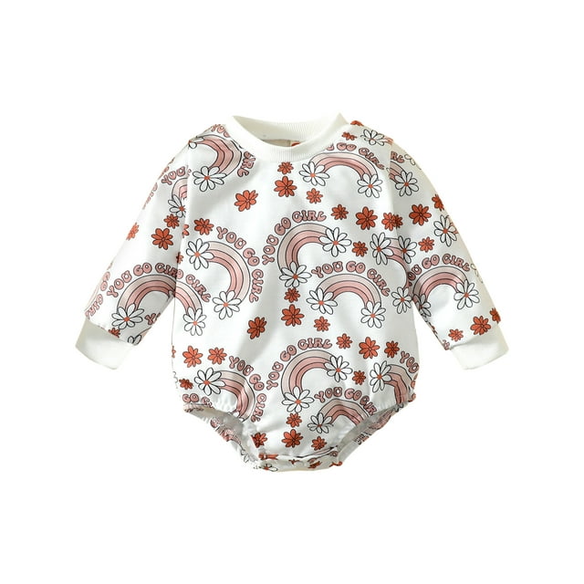 Kmbangi Baby Girls Flower Rainbow Print Sweatshirt Romper Letter Long Sleeve Infant Jumpsuits Spring Fall Casual Clothes Bodysuits