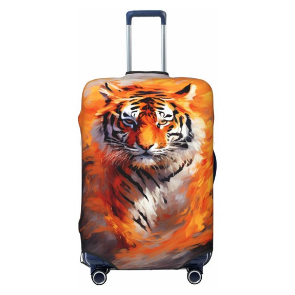 Elastic Suitcase Cover For Luggage Stretchy Travel Suitcase Protector With Top Handle Hole And Side Zipper Access Business Trip Vacation Small Tiger Fire