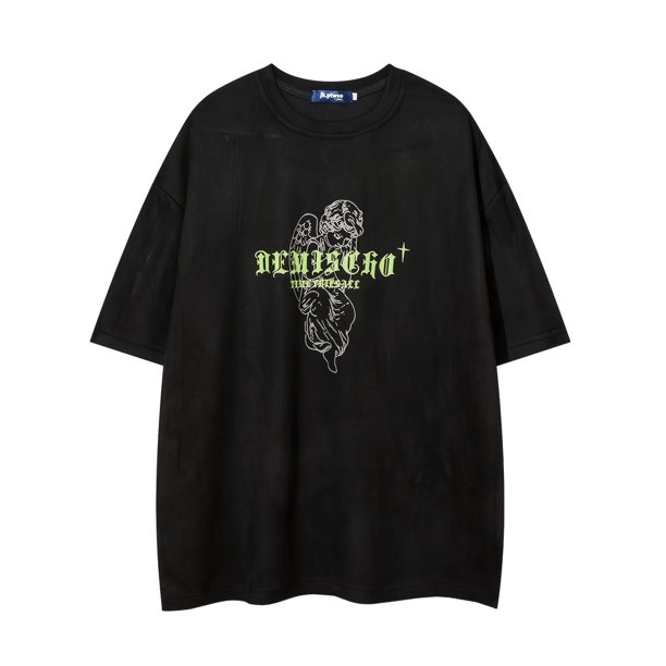 American Retro Deer Velvet Heavyweight Short Sleeve T-shirt Men's Fashion Brand Angel Cross Print Top