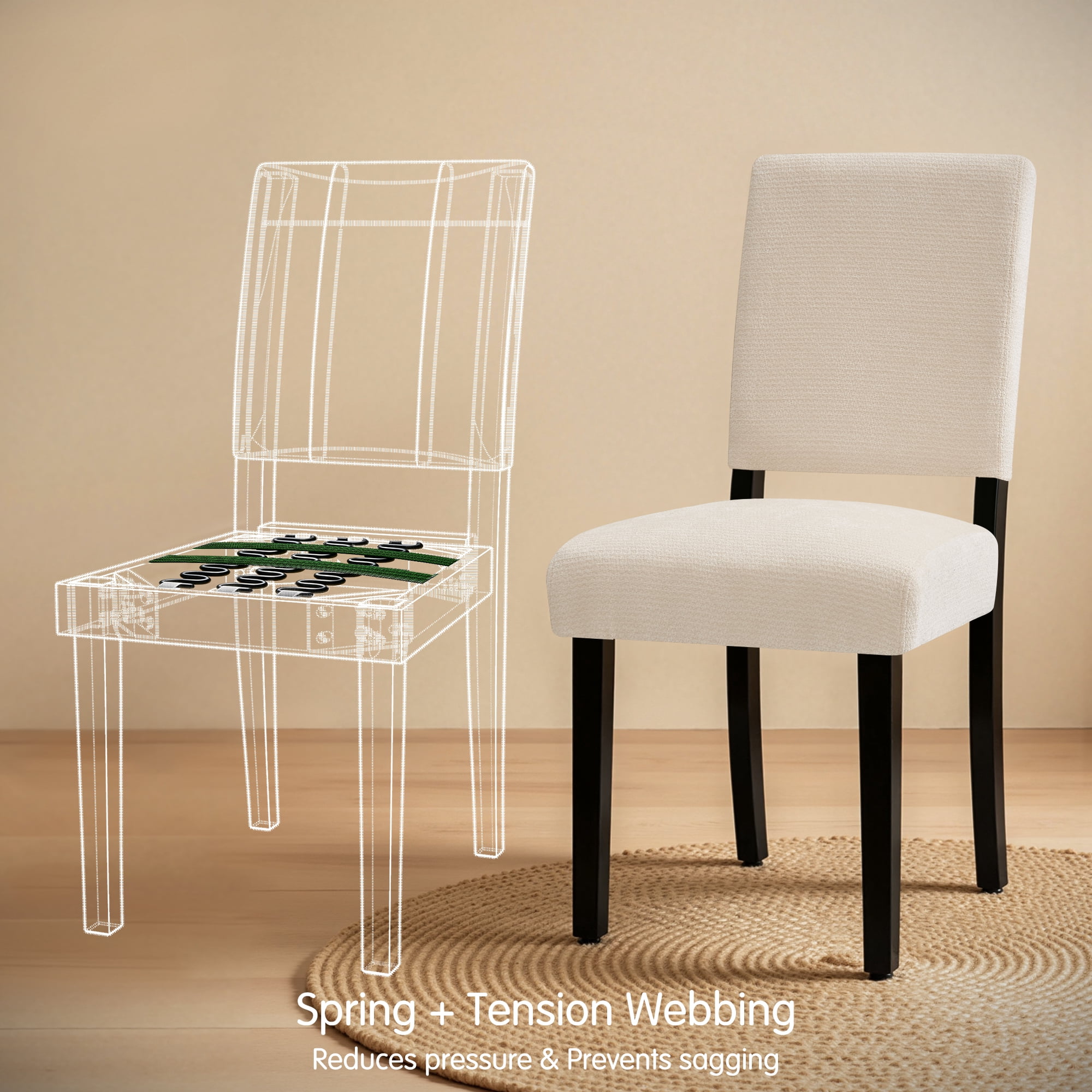 CHUN YI Chenille Upholstered Dining Chairs Set of 2, Open Back Kitchen Dining Room Chairs with Solid Rubberwood Frame, French Country Style, White