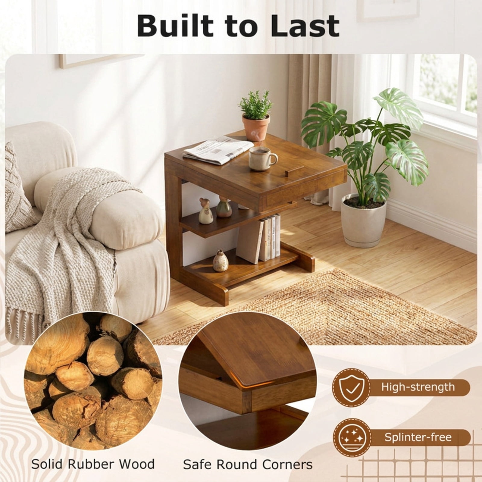 Furnibear Rolling C-Shaped End Table With Adjustable Desktop and Wheels, Mobile Sofa Side Desk With Storage Shelves for Couch Bedside, Brown