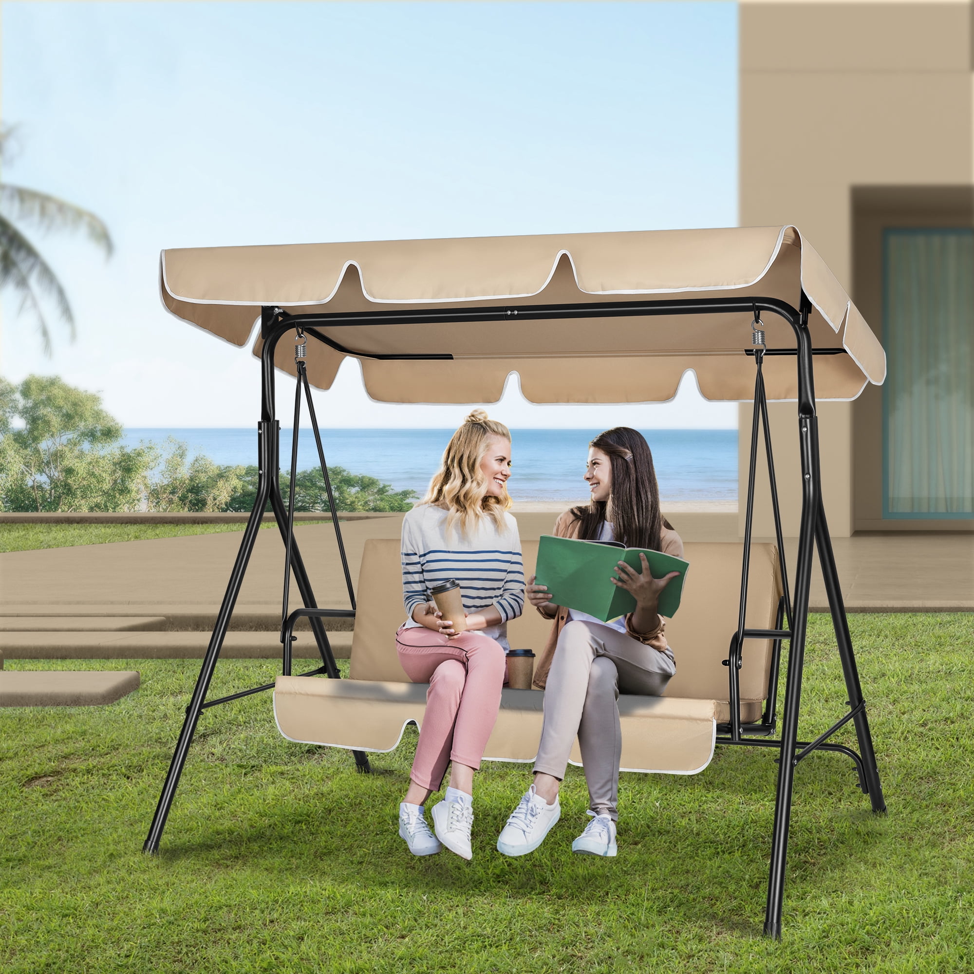 VIVOHOME 3-Seat Swing Glider Chair with Removable Cushion & Canopy, Steel Frame Stand, Beige
