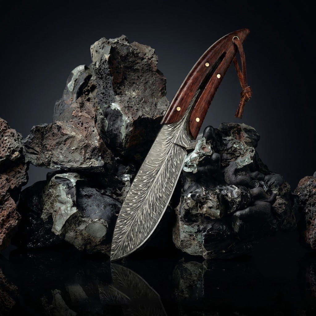 ATISEN Fixed Blade Hunting Knife with Leather Sheath, Damascus Pattern Steel, Outdoor Camping Survival Knife