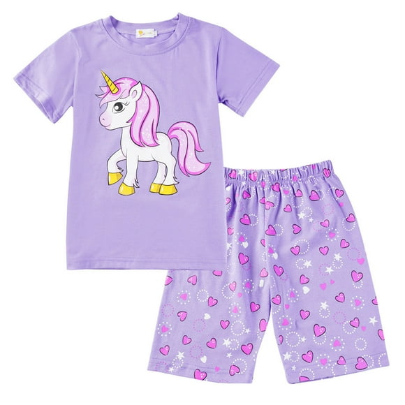 Little hand Toddler Girls Summer Short Sleeve Pajamas Unicorn 2 Picec Pjs 2-7T