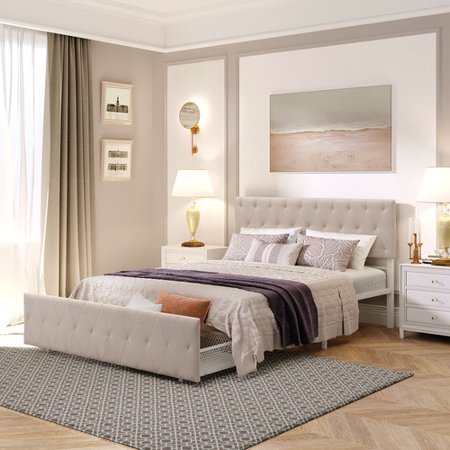 Platform Bed with Drawer Queen Size Storage Bed with Pull Out Drawer Upholstered Headboard and Metal Slats No Box Spring Needed Beige