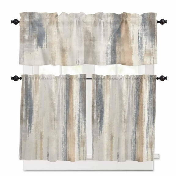 Abstract Beige Kitchen Curtains Valances and Tiers Set of 3, 24 Inch Length Tier Curtains and Valance Rod Pocket Valance Curtains Set for Kitchen Bathroom Small Windows