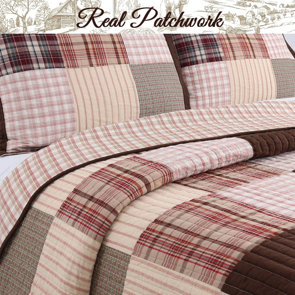 Cozy Line Heidi Chocolate Brown Plaid Grid Striped Real Patchwork 3-Piece Reversible Quilt Set King Set